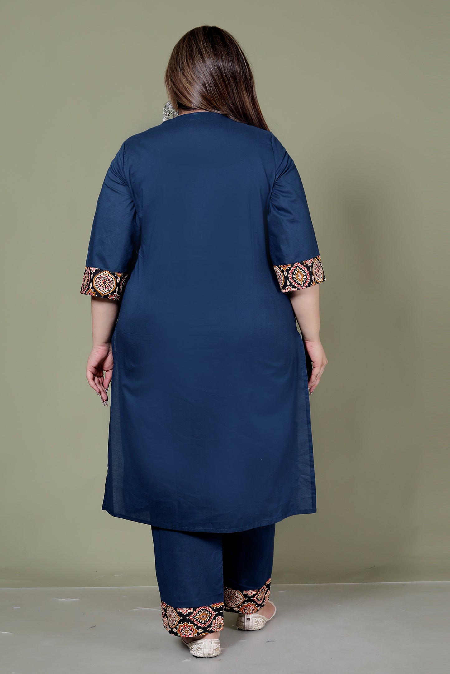 GEOMETRIC FLORAL SOLID COTTON 3 PEICE KURTI PANT SET IN BLUE BY PLUSSIZEKURTI