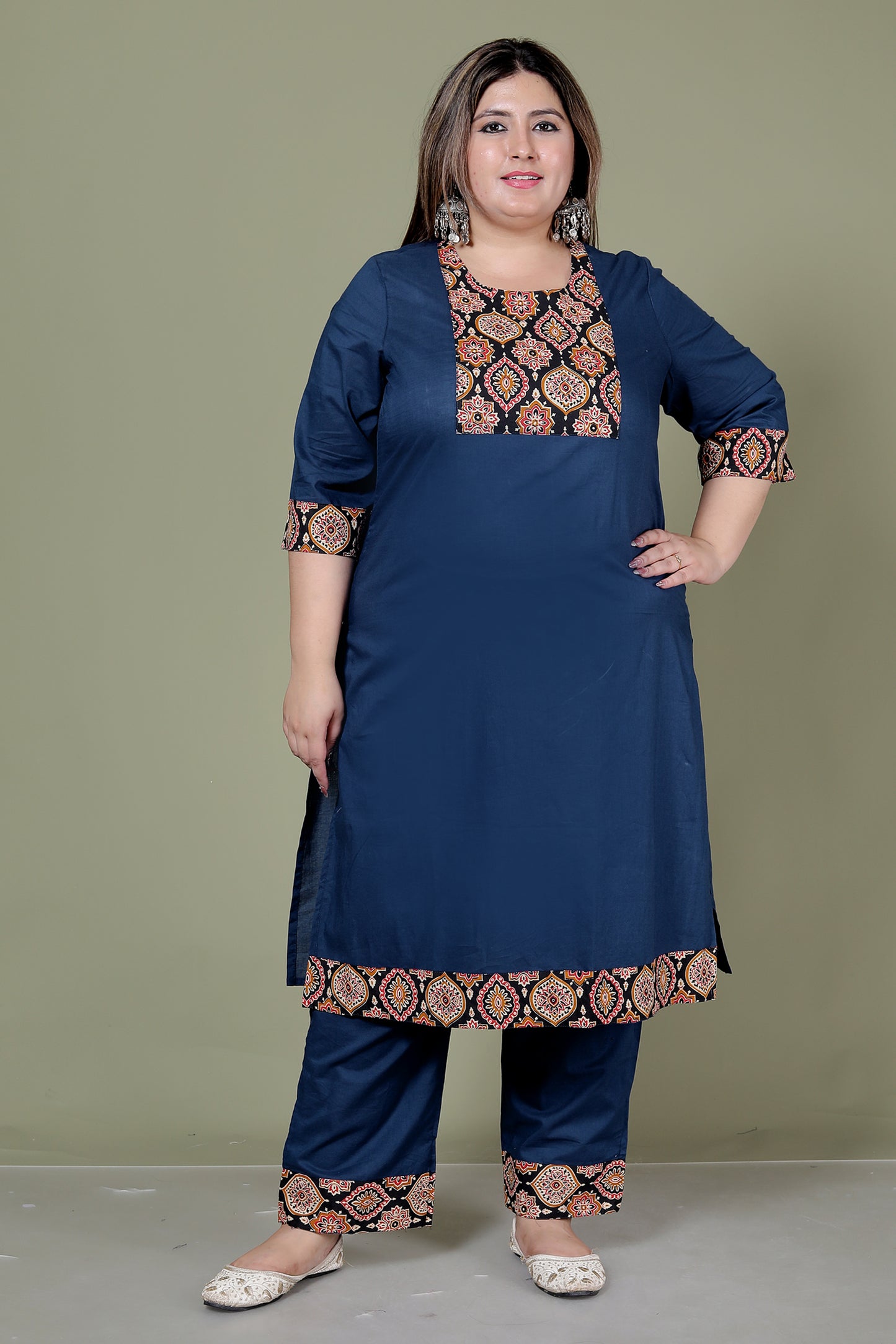 GEOMETRIC FLORAL SOLID COTTON 3 PEICE KURTI PANT SET IN BLUE BY PLUSSIZEKURTI
