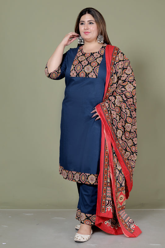 GEOMETRIC FLORAL SOLID COTTON 3 PEICE KURTI PANT SET IN BLUE BY PLUSSIZEKURTI
