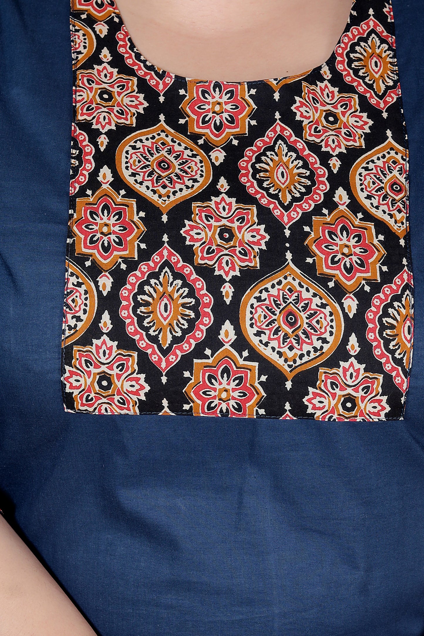 GEOMETRIC FLORAL SOLID COTTON 3 PEICE KURTI PANT SET IN BLUE BY PLUSSIZEKURTI