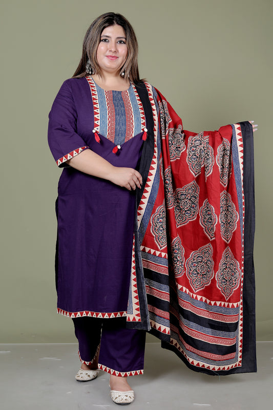 TRIBAL STRIPE SOLID COTTON 3 PEICE KURTI PANT SET IN PURPLE BY PLUSSIZEKURTI