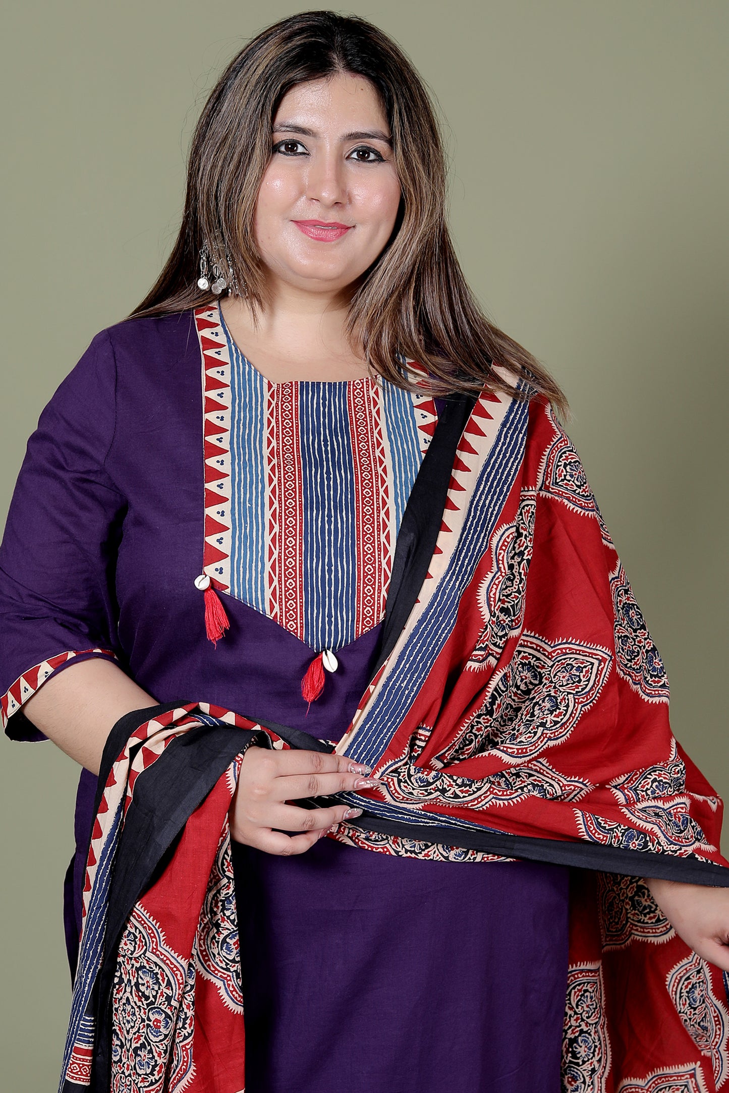 TRIBAL STRIPE SOLID COTTON 3 PEICE KURTI PANT SET IN PURPLE BY PLUSSIZEKURTI