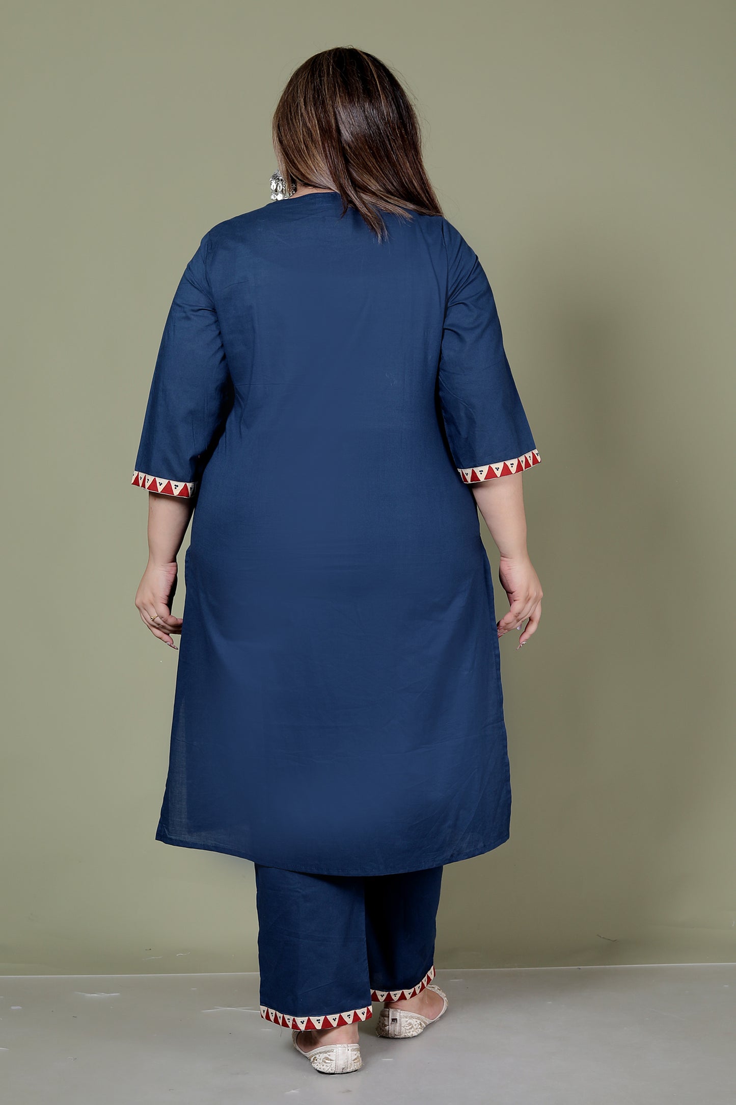 TRIBAL STRIPE SOLID COTTON 3 PEICE KURTI PANT SET IN BLUE BY PLUSSIZEKURTI
