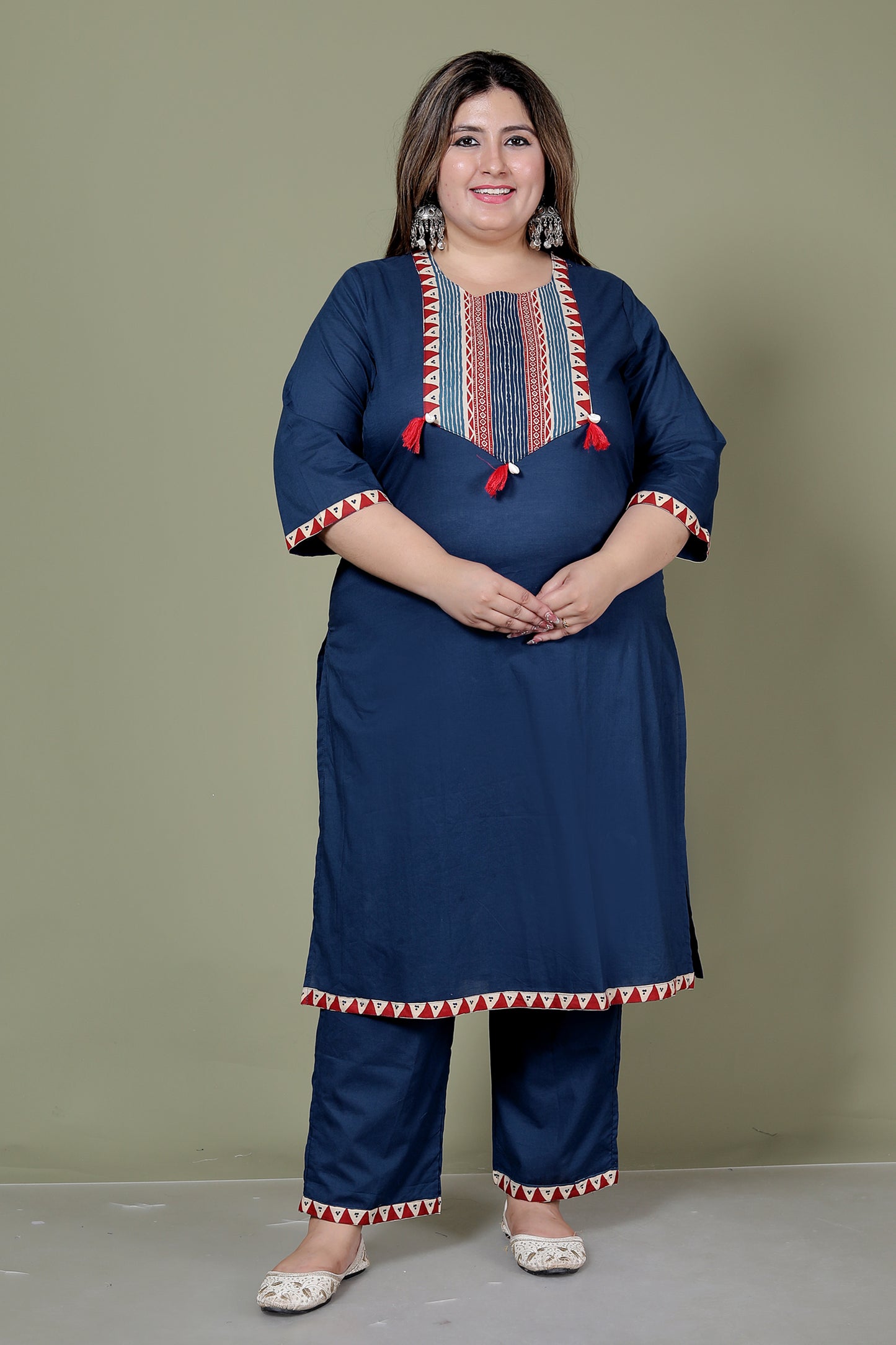 TRIBAL STRIPE SOLID COTTON 3 PEICE KURTI PANT SET IN BLUE BY PLUSSIZEKURTI