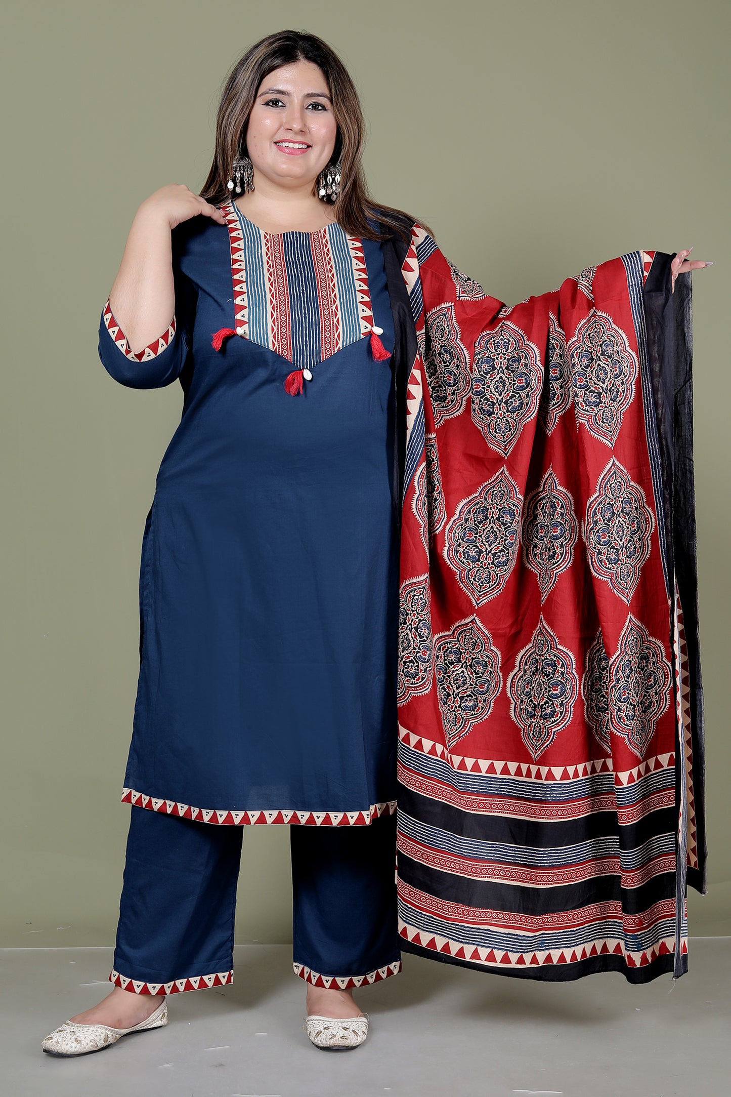 TRIBAL STRIPE SOLID COTTON 3 PEICE KURTI PANT SET IN BLUE BY PLUSSIZEKURTI