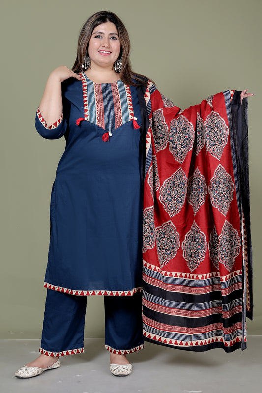 TRIBAL STRIPE SOLID COTTON 3 PEICE KURTI PANT SET IN BLUE BY PLUSSIZEKURTI