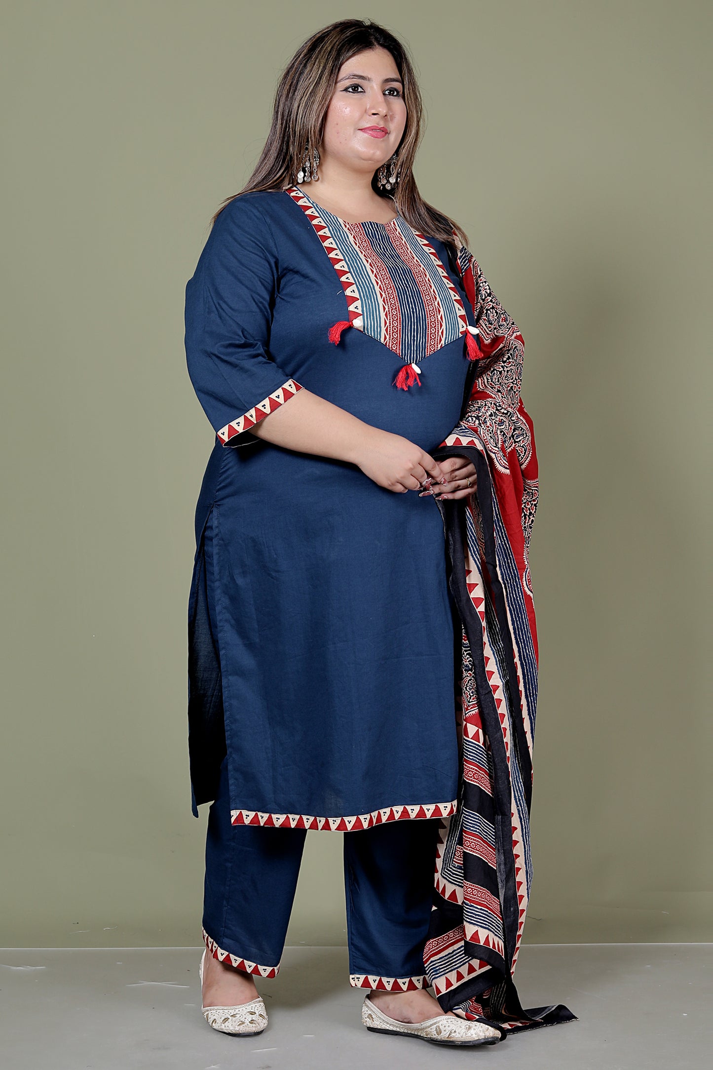 TRIBAL STRIPE SOLID COTTON 3 PEICE KURTI PANT SET IN BLUE BY PLUSSIZEKURTI