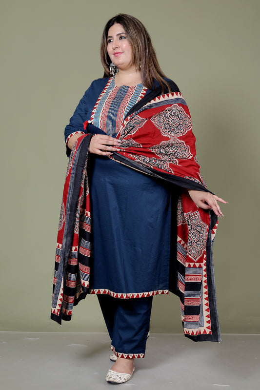 TRIBAL STRIPE SOLID COTTON 3 PEICE KURTI PANT SET IN BLUE BY PLUSSIZEKURTI