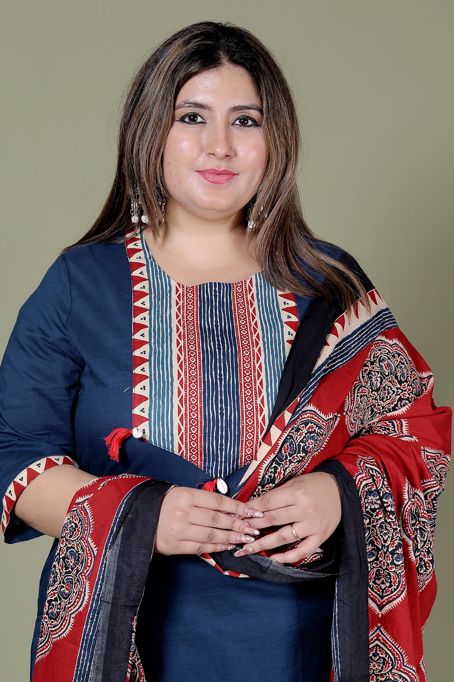 TRIBAL STRIPE SOLID COTTON 3 PEICE KURTI PANT SET IN BLUE BY PLUSSIZEKURTI
