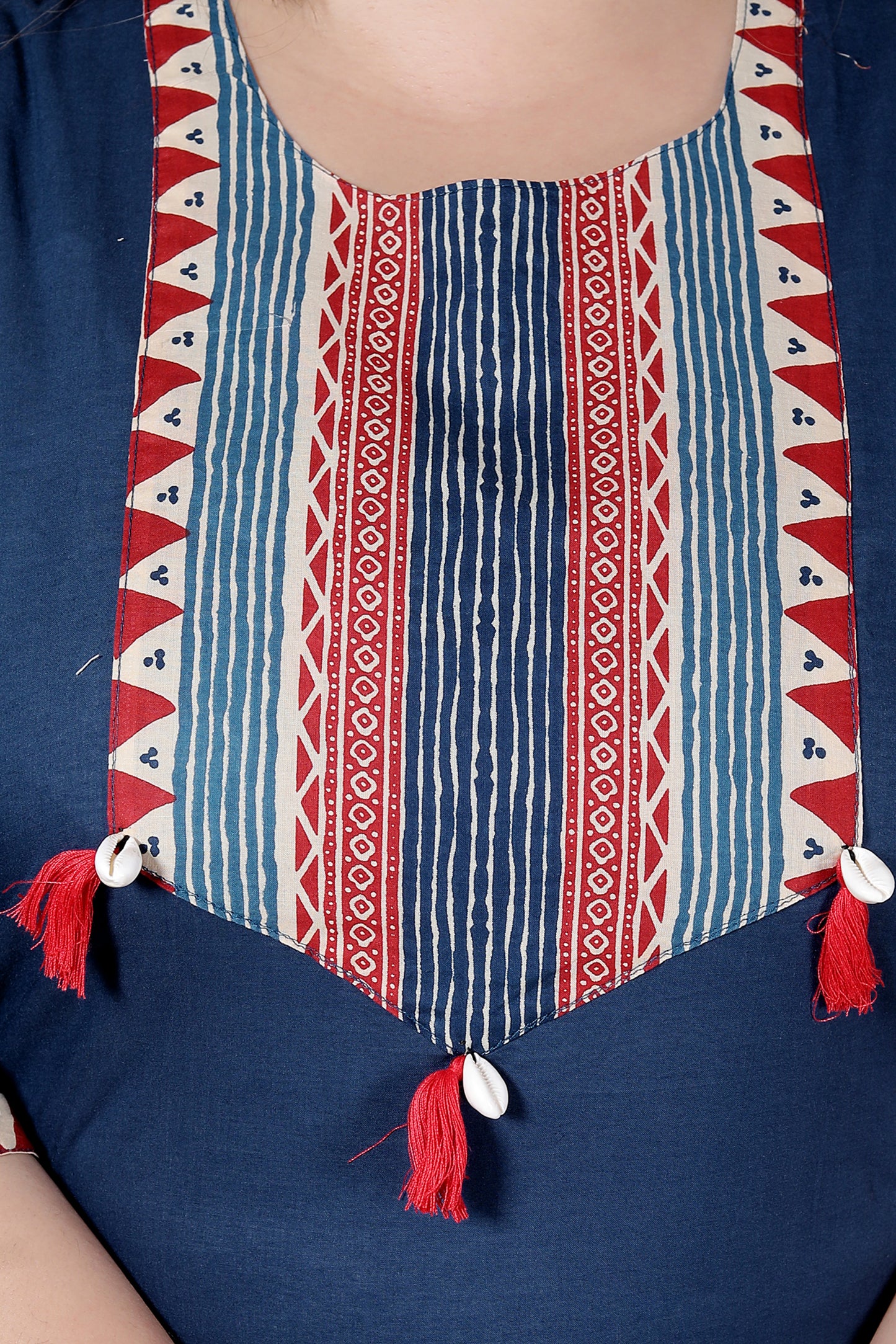 TRIBAL STRIPE SOLID COTTON 3 PEICE KURTI PANT SET IN BLUE BY PLUSSIZEKURTI