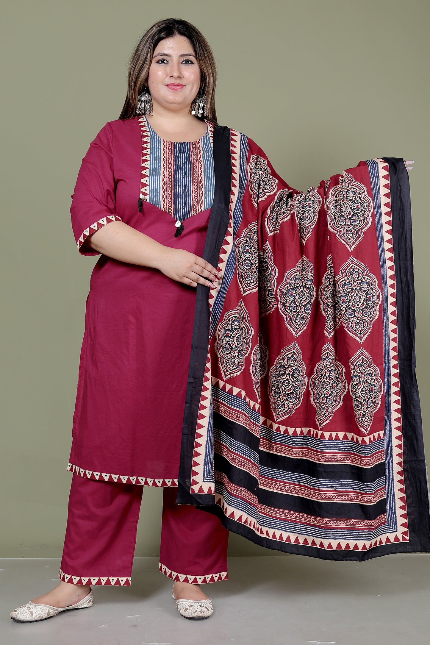 TRIBAL STRIPE SOLID COTTON 3 PEICE KURTI PANT SET IN MAHROON BY PLUSSIZEKURTI
