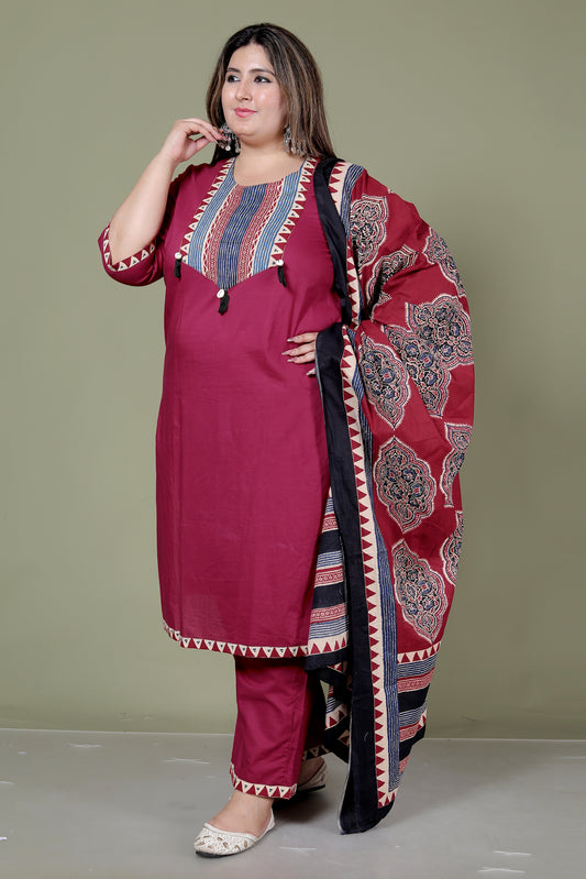TRIBAL STRIPE SOLID COTTON 3 PEICE KURTI PANT SET IN MAHROON BY PLUSSIZEKURTI