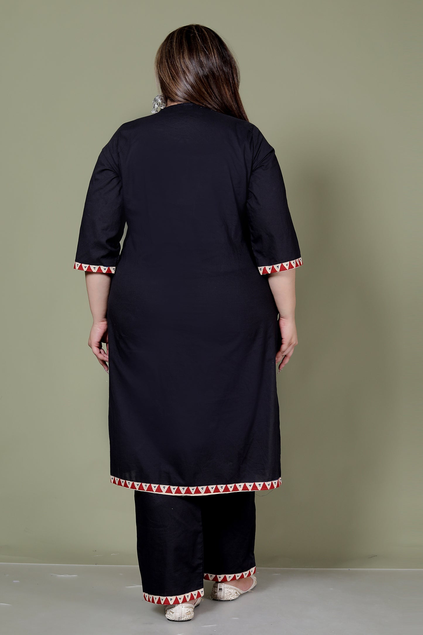 TRIBAL STRIPE SOLID COTTON 3 PEICE KURTI PANT SET IN BLACK BY PLUSSIZEKURTI