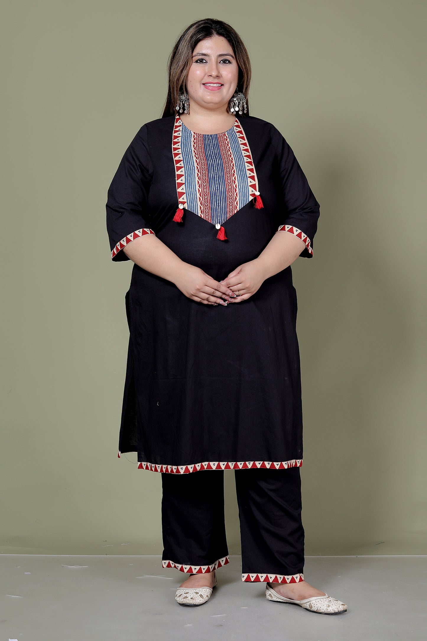 TRIBAL STRIPE SOLID COTTON 3 PEICE KURTI PANT SET IN BLACK BY PLUSSIZEKURTI