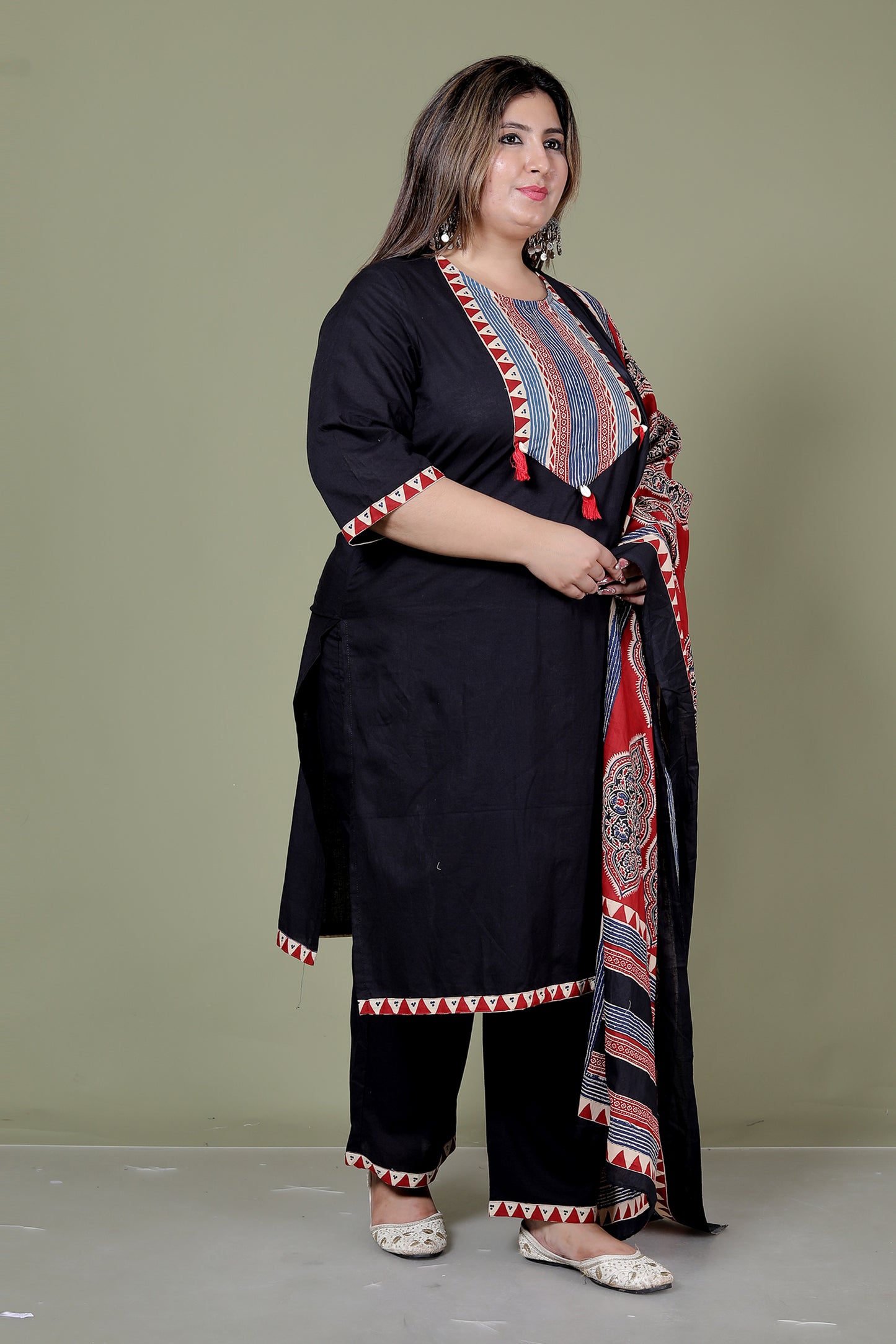 TRIBAL STRIPE SOLID COTTON 3 PEICE KURTI PANT SET IN BLACK BY PLUSSIZEKURTI