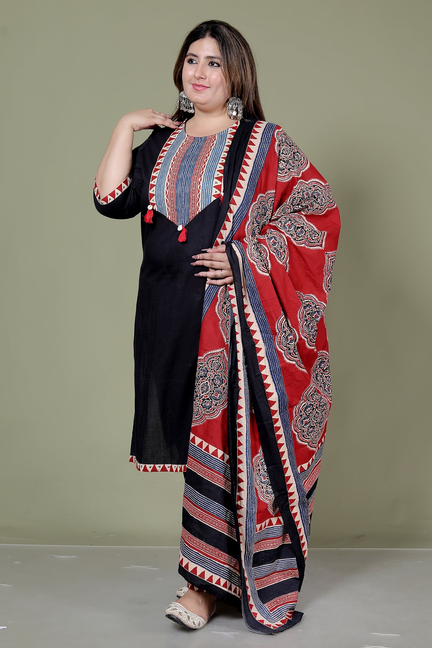 TRIBAL STRIPE SOLID COTTON 3 PEICE KURTI PANT SET IN BLACK BY PLUSSIZEKURTI