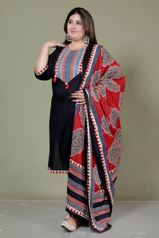 TRIBAL STRIPE SOLID COTTON 3 PEICE KURTI PANT SET IN BLACK BY PLUSSIZEKURTI