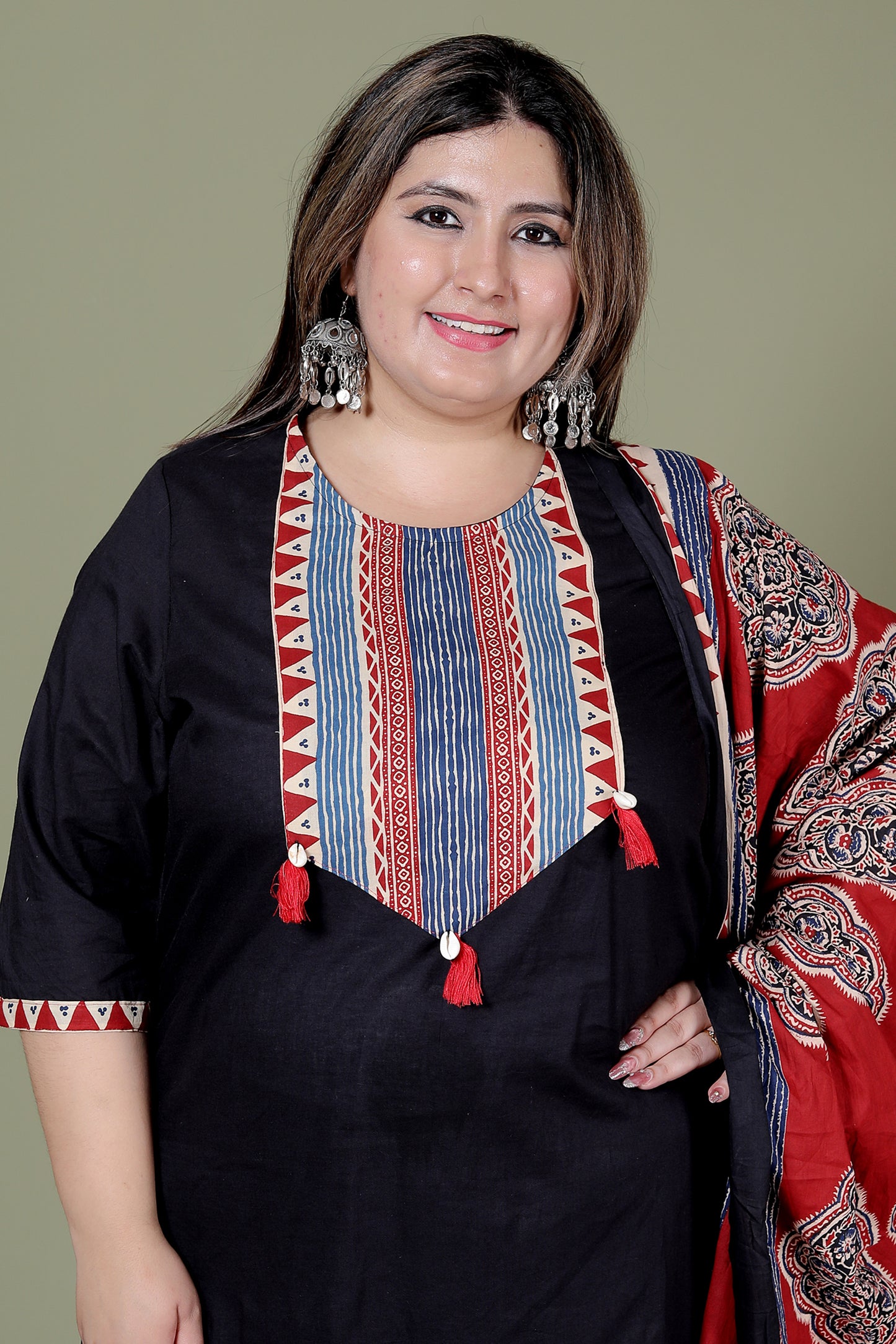 TRIBAL STRIPE SOLID COTTON 3 PEICE KURTI PANT SET IN BLACK BY PLUSSIZEKURTI