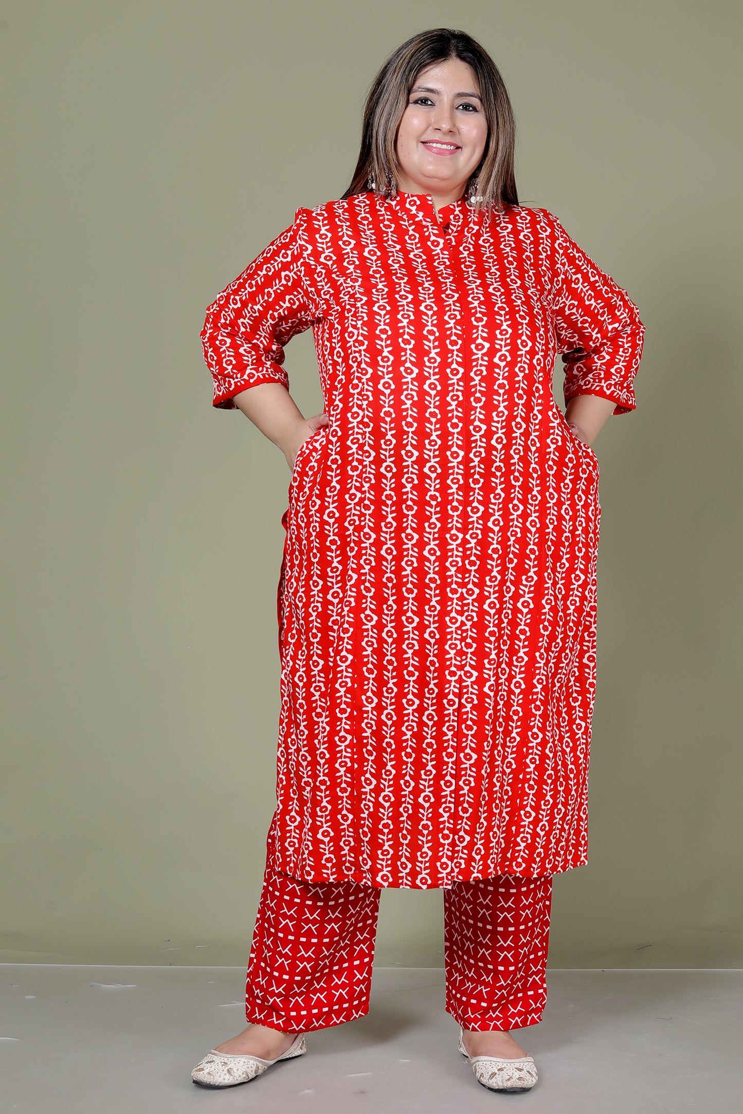 ABSTRACT PRINT COTTON 2 PEICE KURTA PLAZZO IN RED BY PLUSSIZEKURTI
