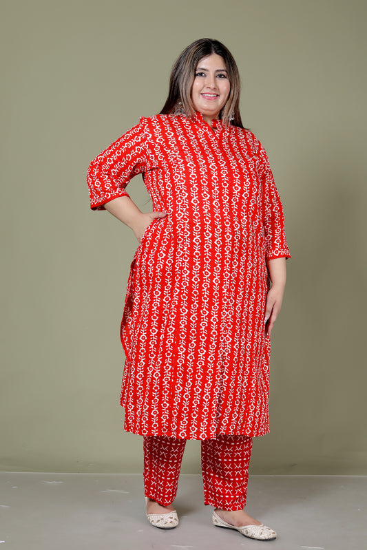 ABSTRACT PRINT COTTON 2 PEICE KURTA PLAZZO IN RED BY PLUSSIZEKURTI