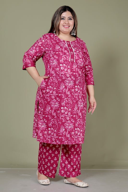 FLORAL PRINT COTTON 2 PEICE KURTA PANT IN WINE PINK BY PLUSSIZEKURTI