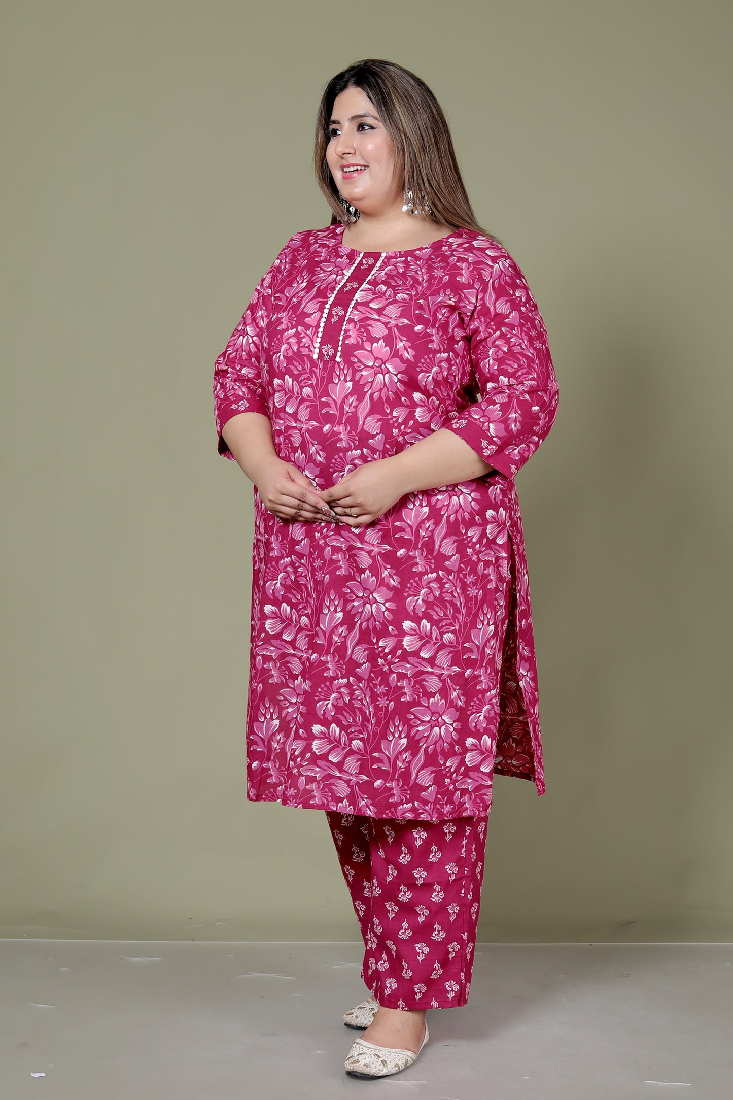 FLORAL PRINT COTTON 2 PEICE KURTA PANT IN WINE PINK BY PLUSSIZEKURTI