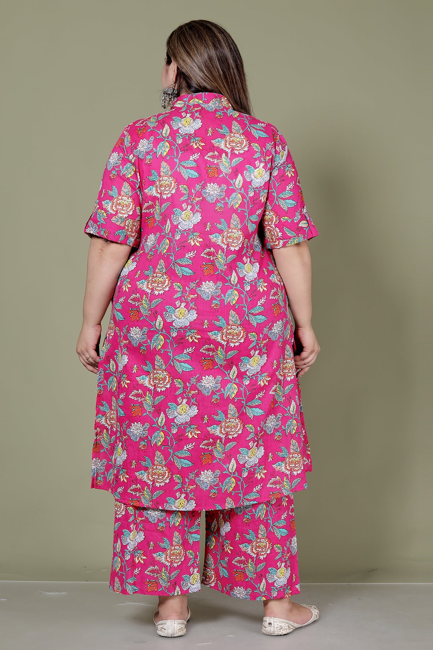 FLORAL PRINT COTTON 2 PEICE KURTA PLAZZO IN RANIPINK BY PLUSSIZEKURTI