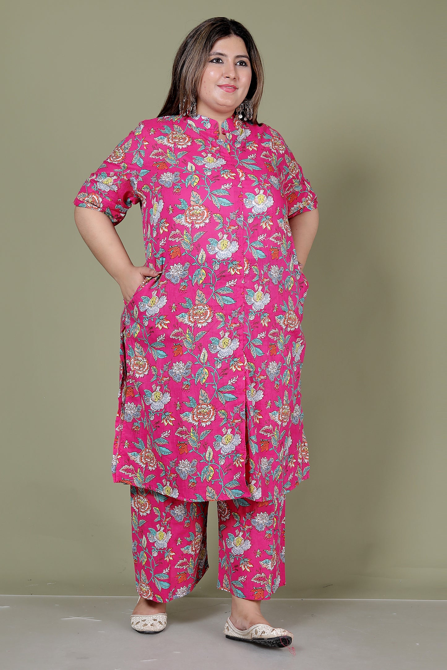 FLORAL PRINT COTTON 2 PEICE KURTA PLAZZO IN RANIPINK BY PLUSSIZEKURTI