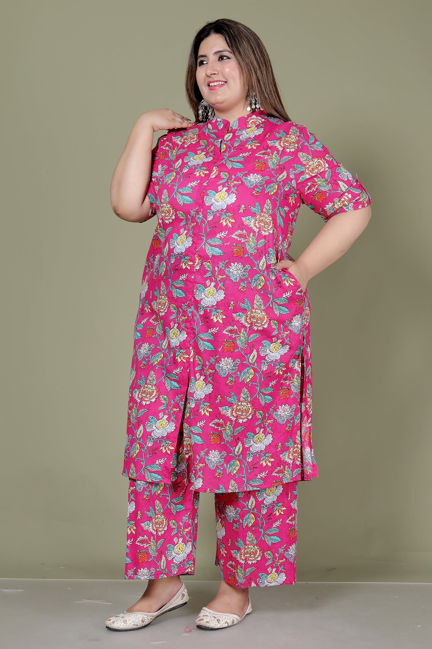 FLORAL PRINT COTTON 2 PEICE KURTA PLAZZO IN RANIPINK BY PLUSSIZEKURTI