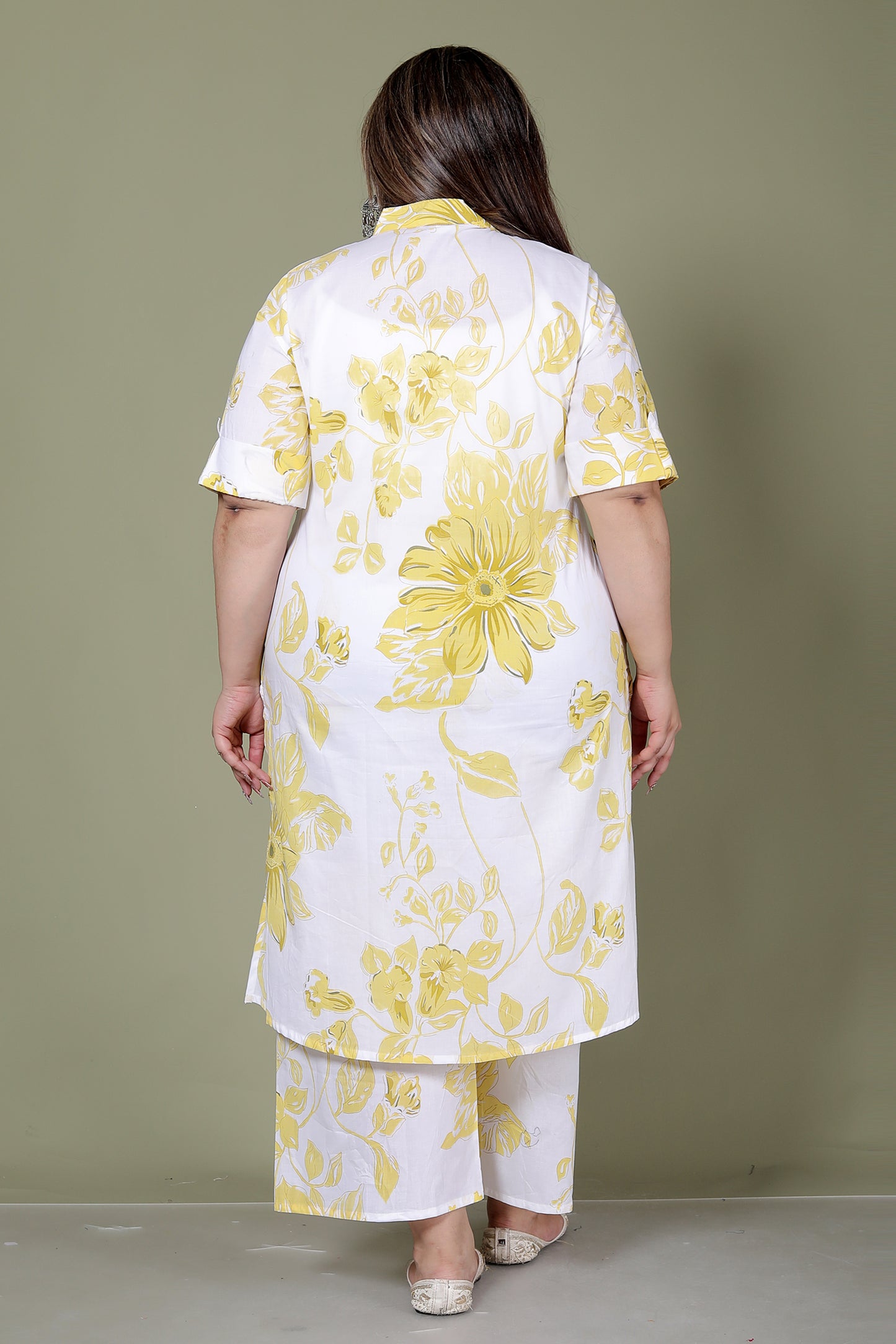 FLORAL PRINT COTTON 2 PEICE KURTA PLAZZO IN YELLOW BY PLUSSIZEKURTI