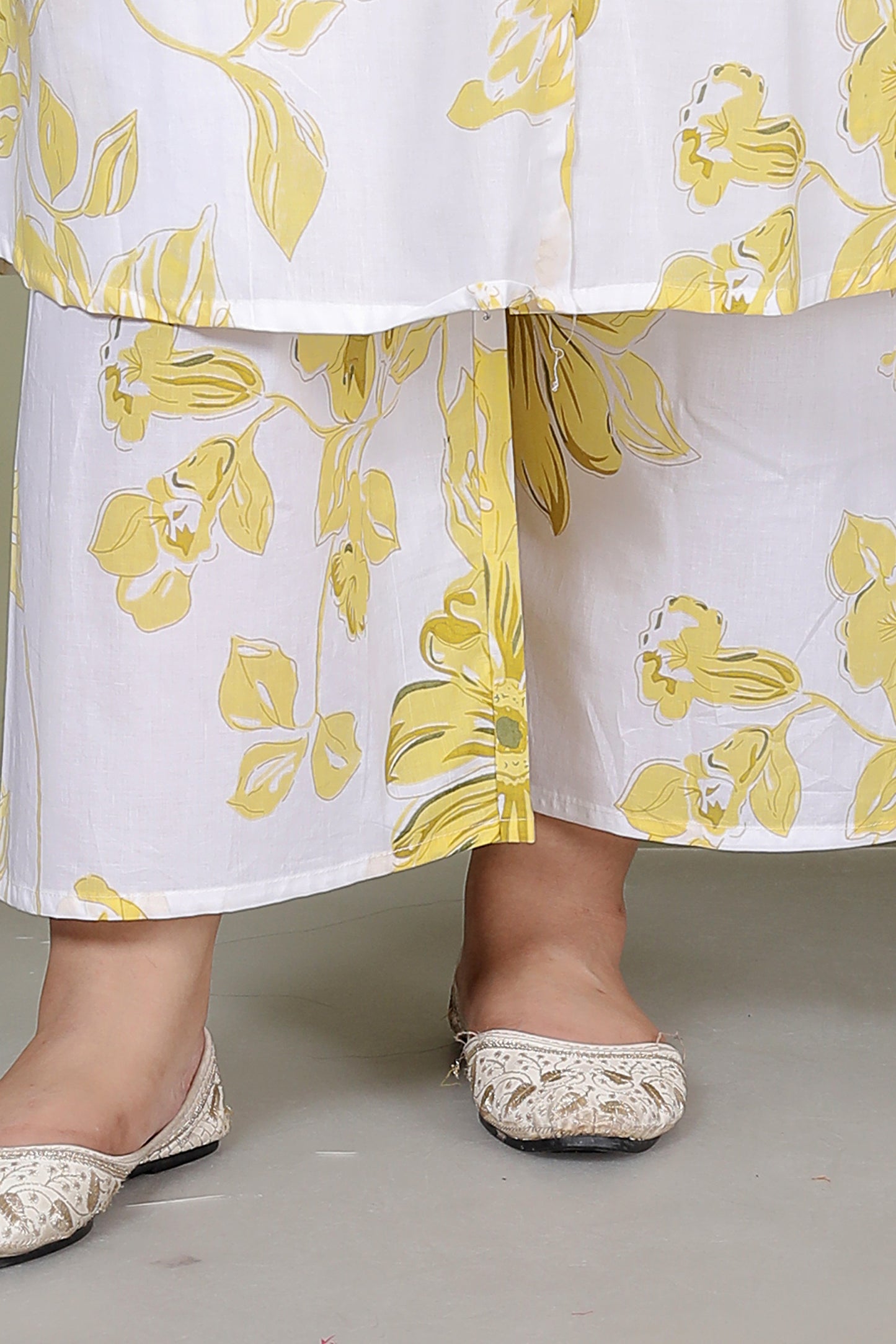 FLORAL PRINT COTTON 2 PEICE KURTA PLAZZO IN YELLOW BY PLUSSIZEKURTI