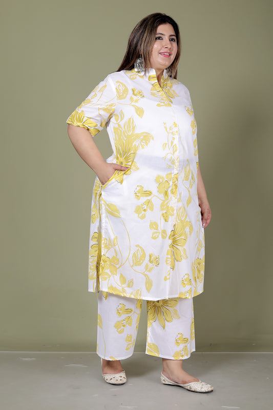 FLORAL PRINT COTTON 2 PEICE KURTA PLAZZO IN YELLOW BY PLUSSIZEKURTI