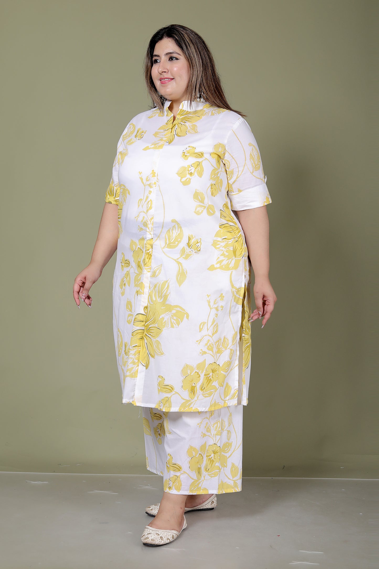 FLORAL PRINT COTTON 2 PEICE KURTA PLAZZO IN YELLOW BY PLUSSIZEKURTI