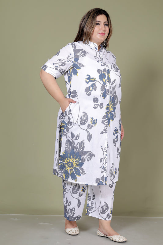 FLORAL SKETCH PRINT COTTON 2 PEICE KURTA PLAZZO IN WHITE BY PLUSSIZEKURTI