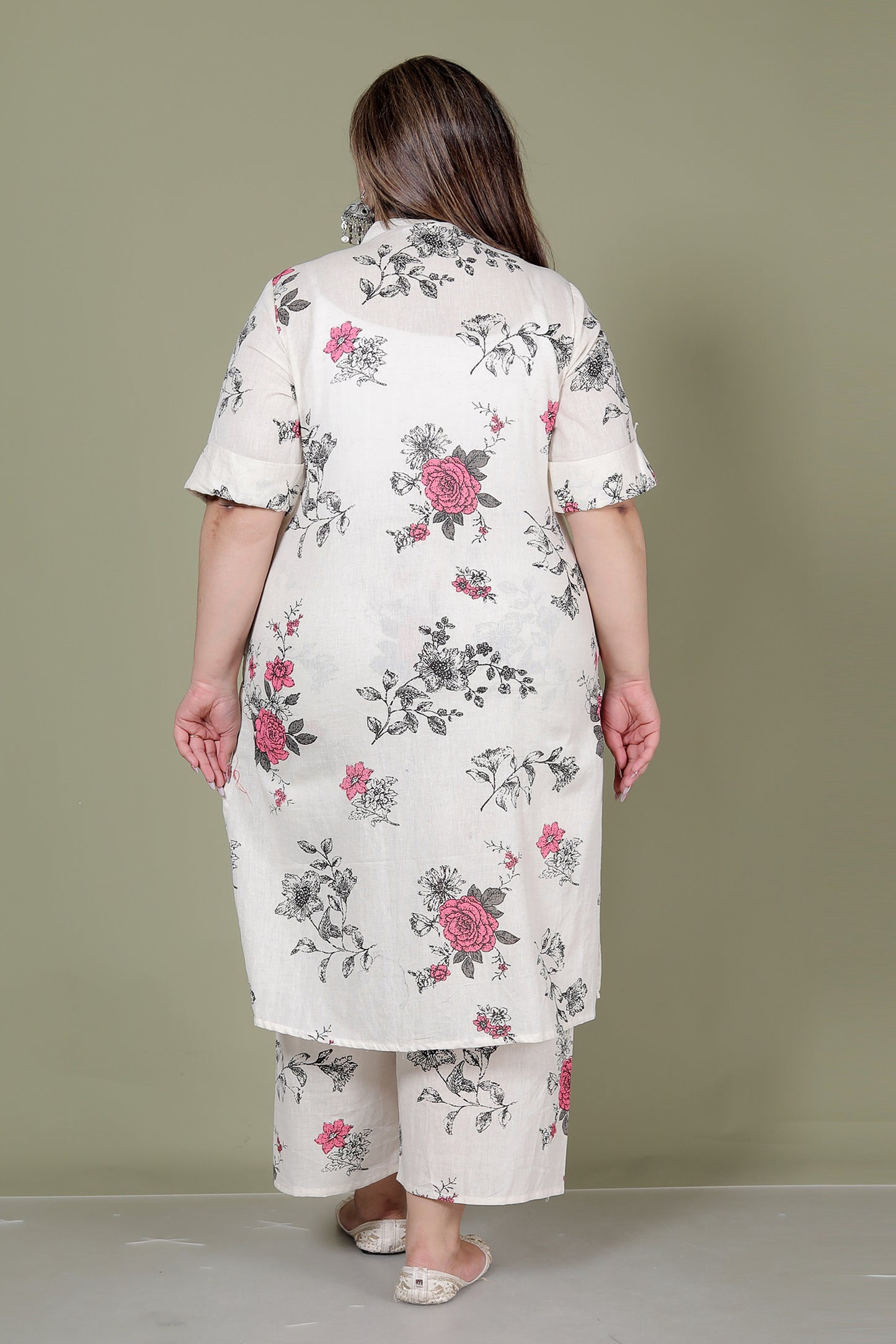 FLORAL PRINT COTTON FLEX 2 PEICE KURTA PLAZZO IN CREME/PINK BY PLUSSIZEKURTI