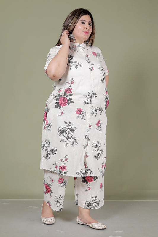 FLORAL PRINT COTTON FLEX 2 PEICE KURTA PLAZZO IN CREME/PINK BY PLUSSIZEKURTI