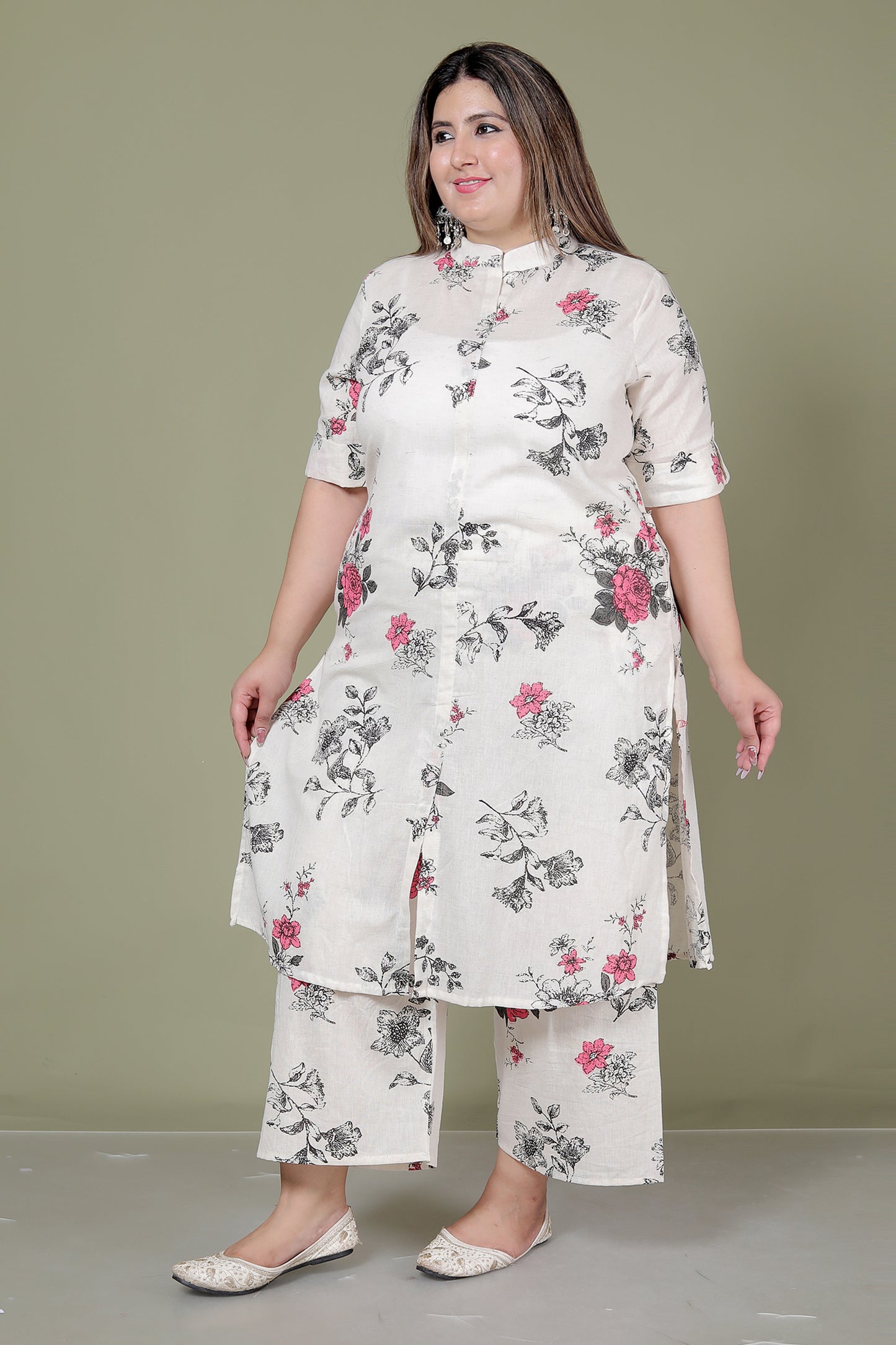 FLORAL PRINT COTTON FLEX 2 PEICE KURTA PLAZZO IN CREME/PINK BY PLUSSIZEKURTI