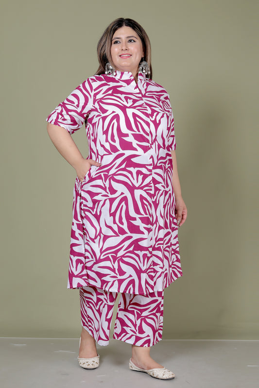TROPICAL LEAFS PRINT COTTON 2 PEICE KURTA PLAZZO IN MAGENTA PINK BY PLUSSIZEKURTI