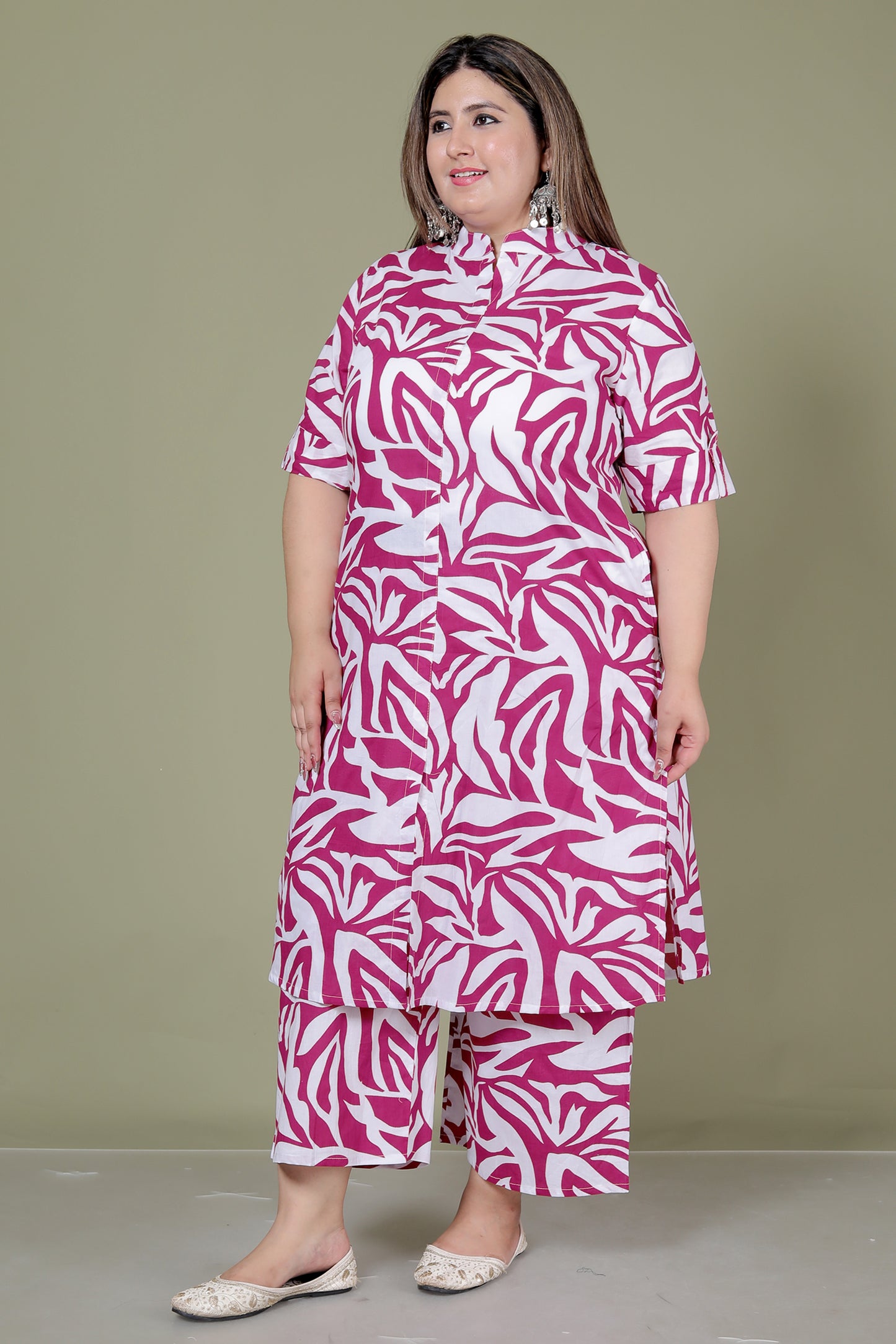 TROPICAL LEAFS PRINT COTTON 2 PEICE KURTA PLAZZO IN MAGENTA PINK BY PLUSSIZEKURTI