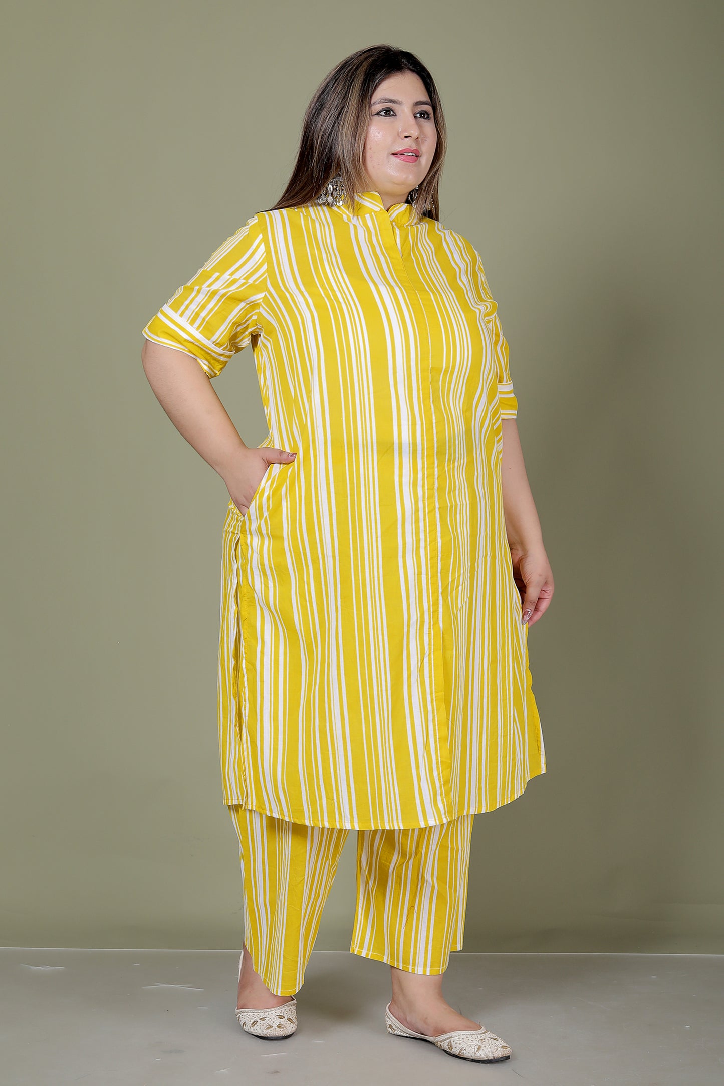 STRIPS PRINT COTTON 2 PEICE KURTA PLAZZO IN YELLOW BY PLUSSIZEKURTI