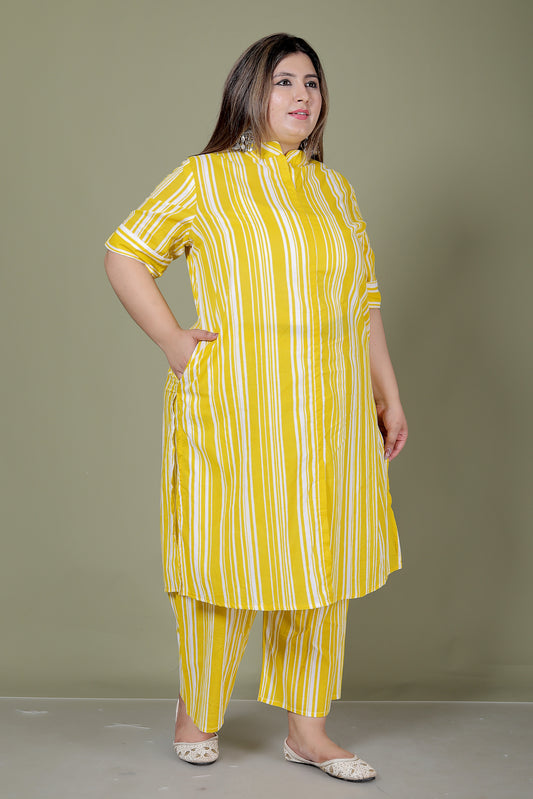 STRIPS PRINT COTTON 2 PEICE KURTA PLAZZO IN YELLOW BY PLUSSIZEKURTI