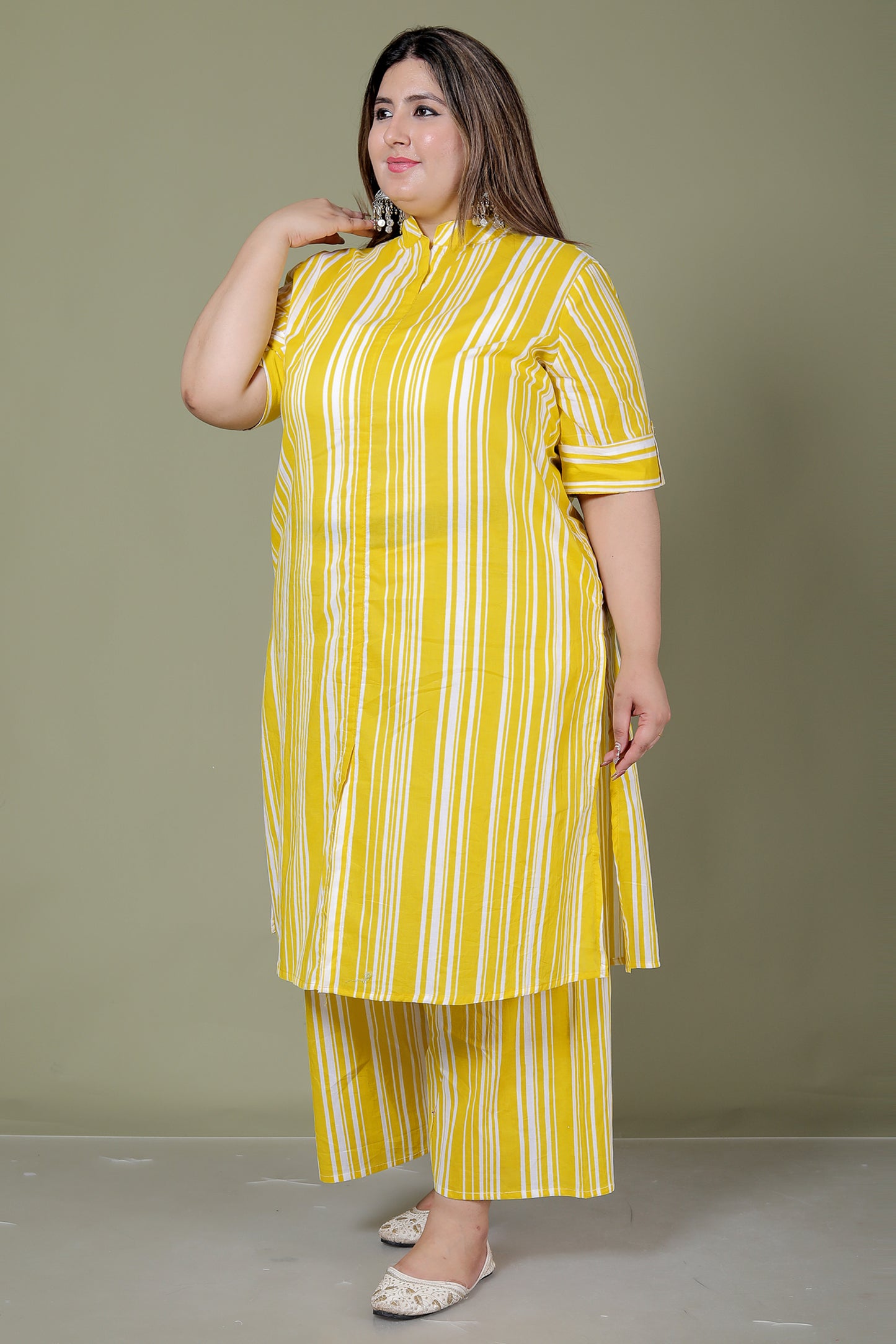 STRIPS PRINT COTTON 2 PEICE KURTA PLAZZO IN YELLOW BY PLUSSIZEKURTI