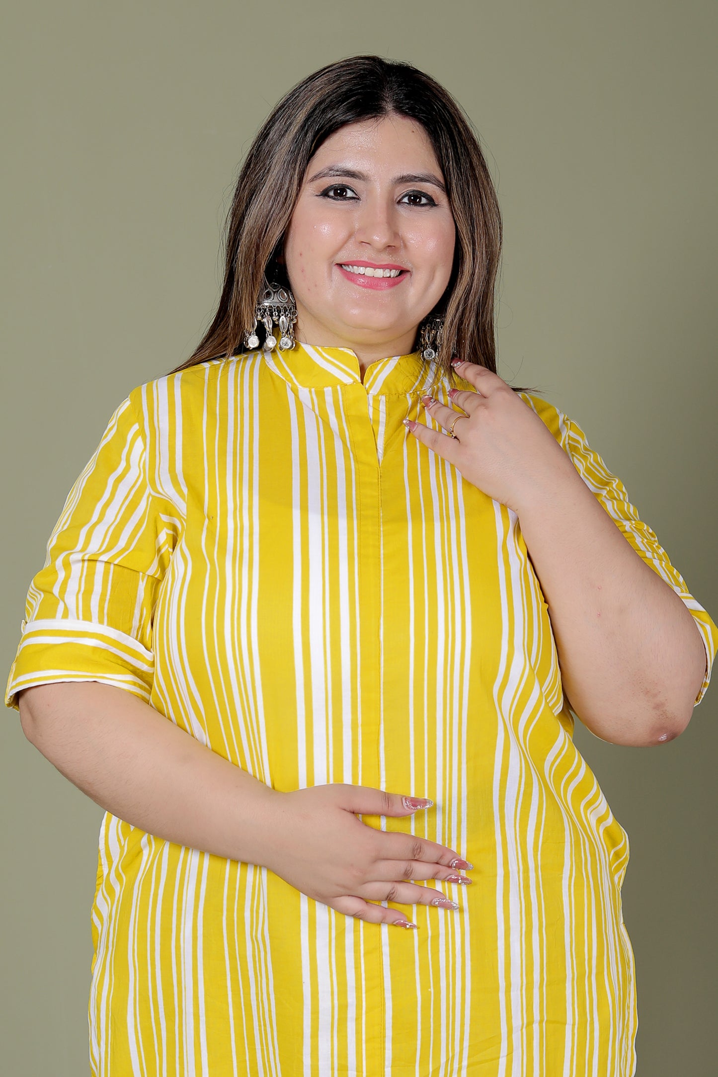 STRIPS PRINT COTTON 2 PEICE KURTA PLAZZO IN YELLOW BY PLUSSIZEKURTI
