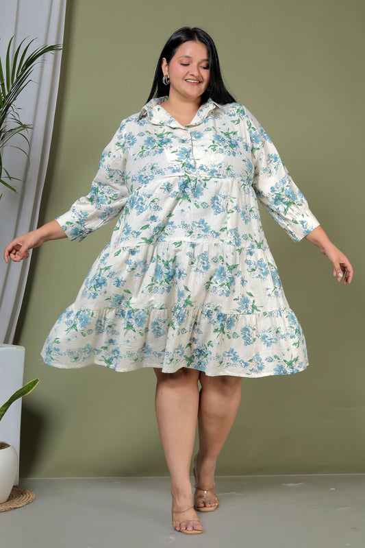 FLORAL PRINT COTTON FLEX DRESS IN AQUABLUE/BEIGE BY PLUSSIZEKURTI