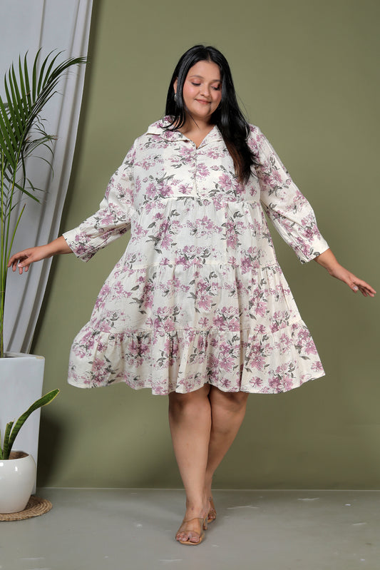 FLORAL PRINT COTTON FLEX DRESS IN LAVENDER/BEIGE BY PLUSSIZEKURTI