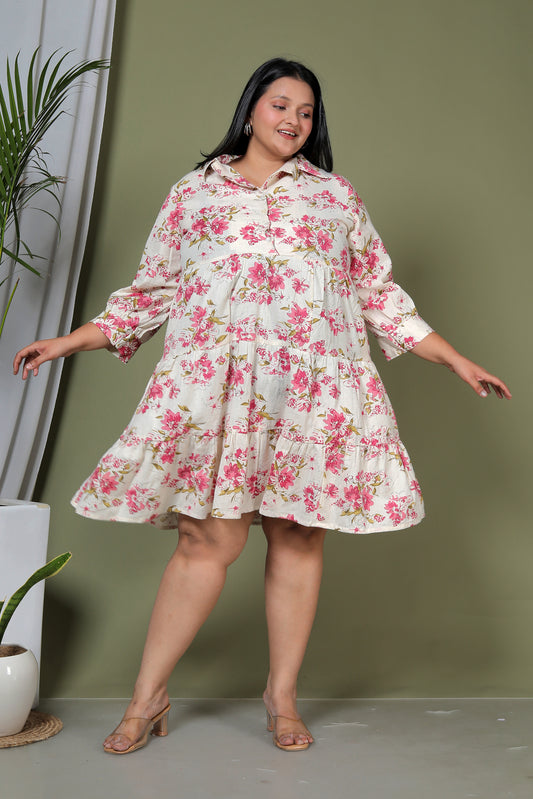 FLORAL PRINT COTTON FLEX DRESS IN PINK/BEIGE BY PLUSSIZEKURTI