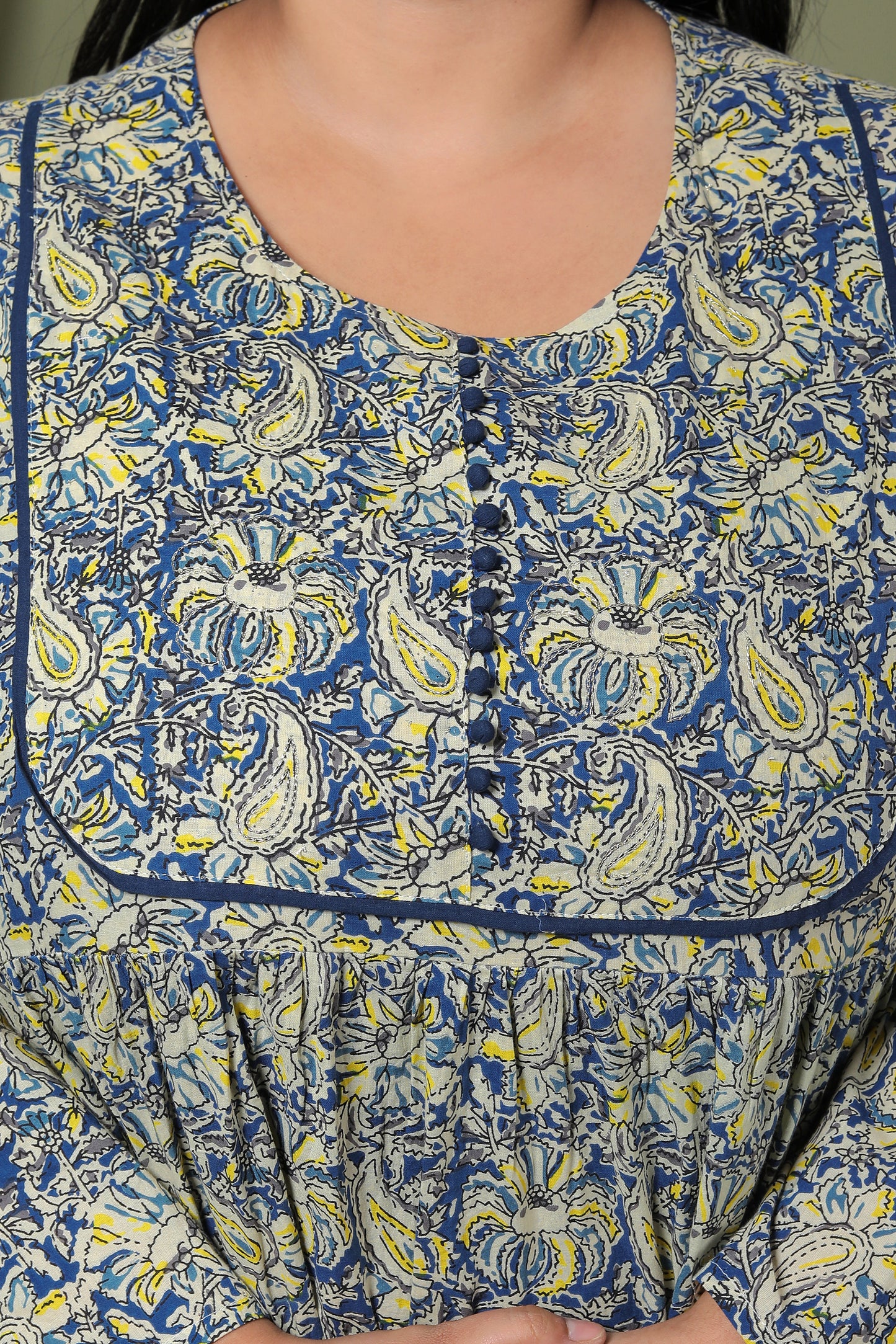 PAISLEY BLOCK PRINT COTTON  DRESS IN BLUE/YELLOW BY PLUSSIZEKURTI