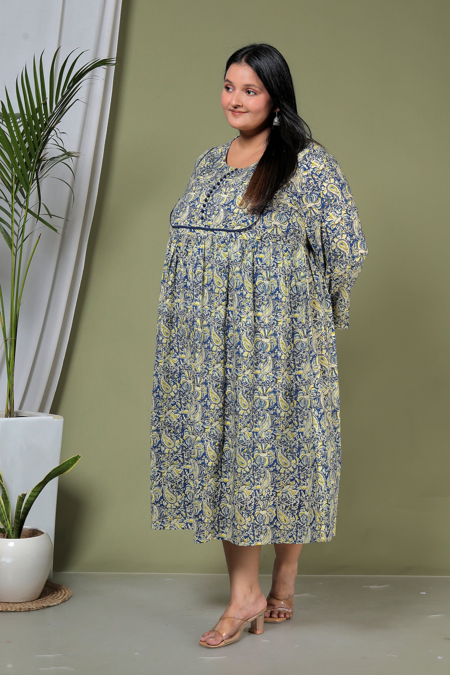 PAISLEY BLOCK PRINT COTTON  DRESS IN BLUE/YELLOW BY PLUSSIZEKURTI
