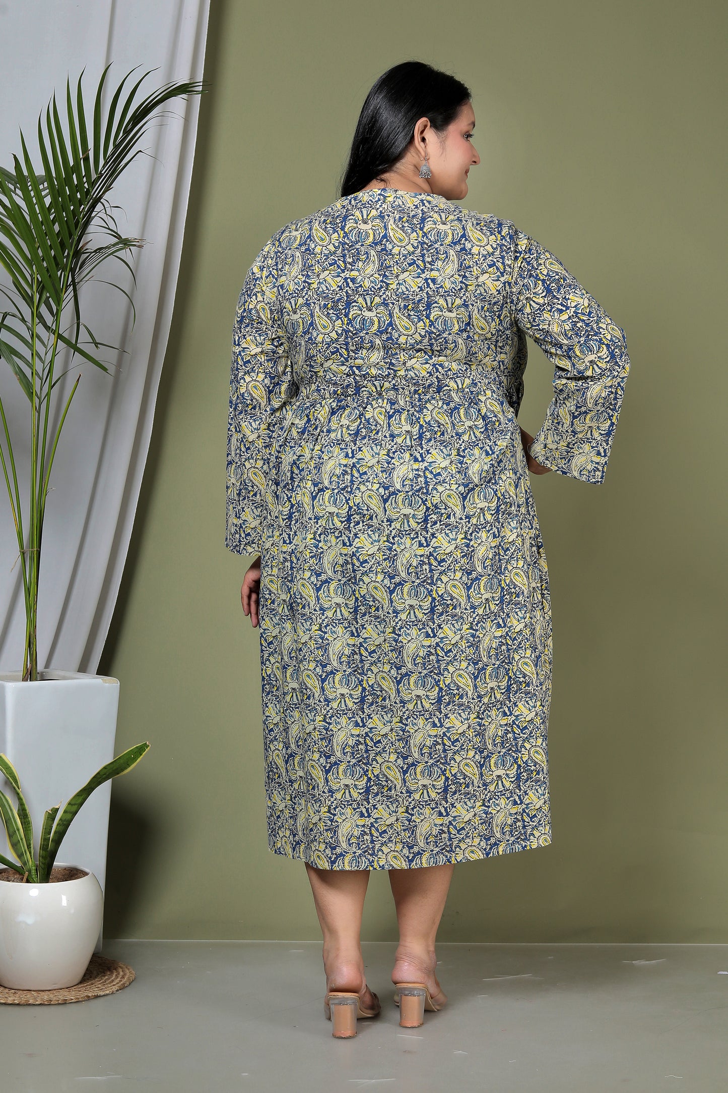 PAISLEY BLOCK PRINT COTTON  DRESS IN BLUE/YELLOW BY PLUSSIZEKURTI
