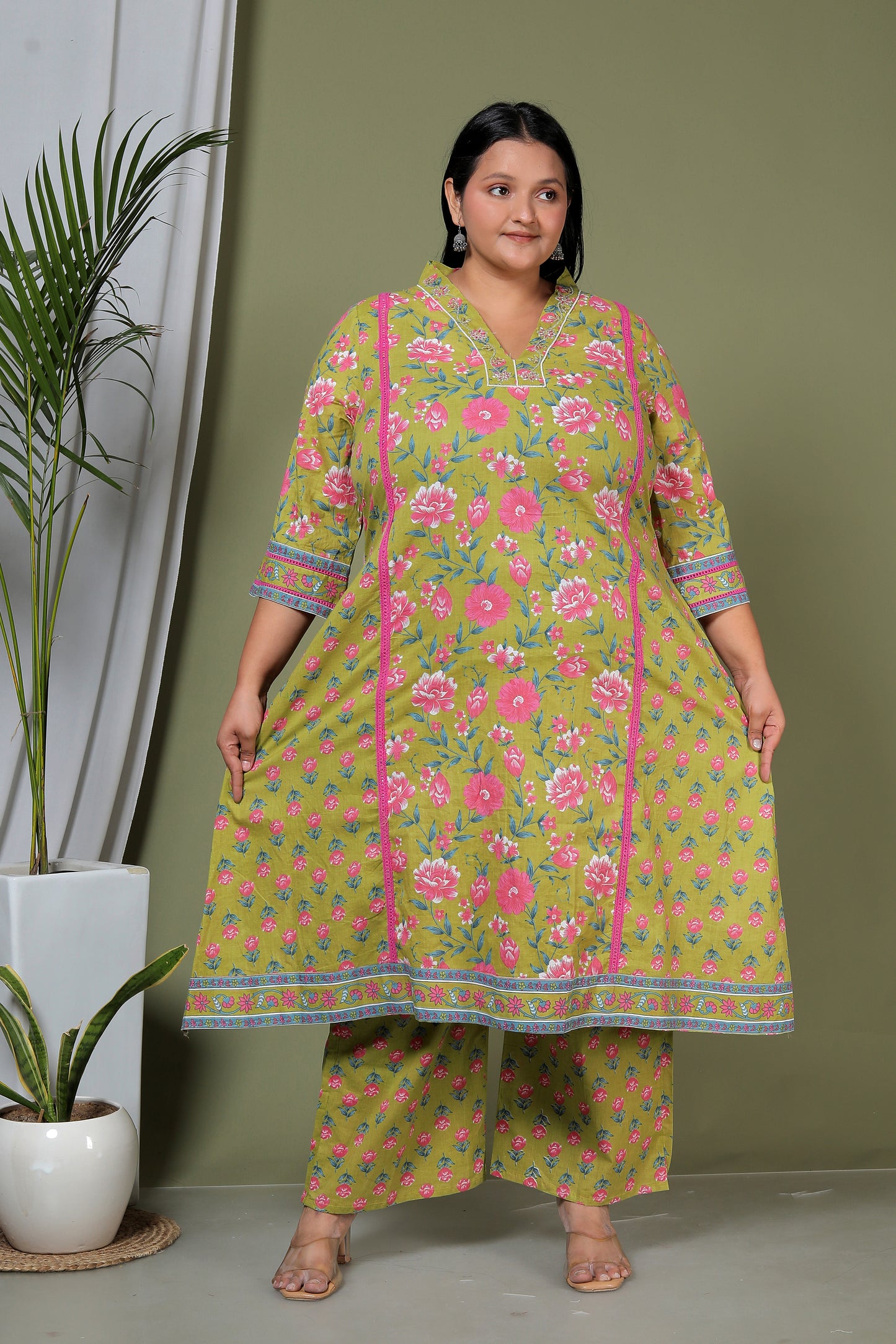 FLORAL PRINT HANDWORK COTTON 3 PEICE KURTA PLAZZO IN FRESH GREEN BY PLUSSIZEKURTI